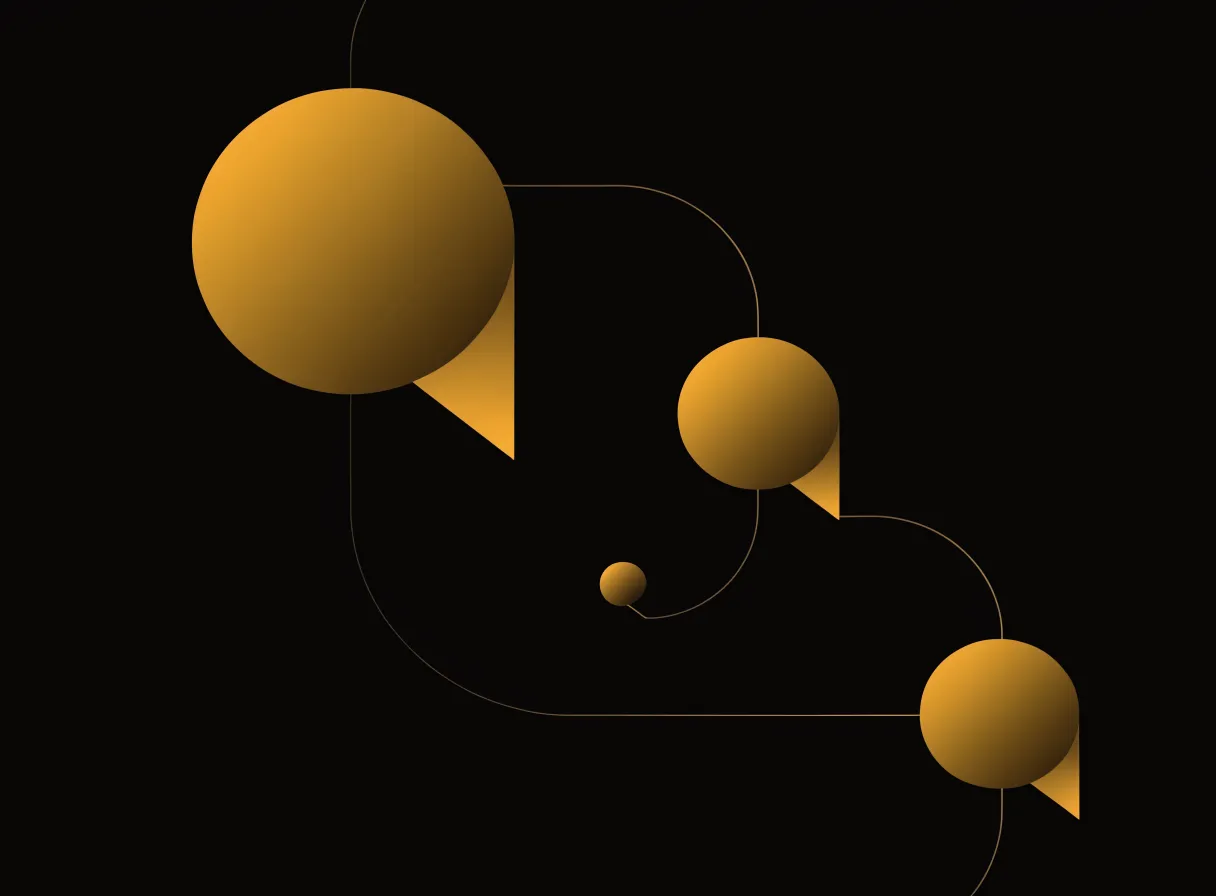 Burbujas de conversación doradas unidas por líneas, sobre negro